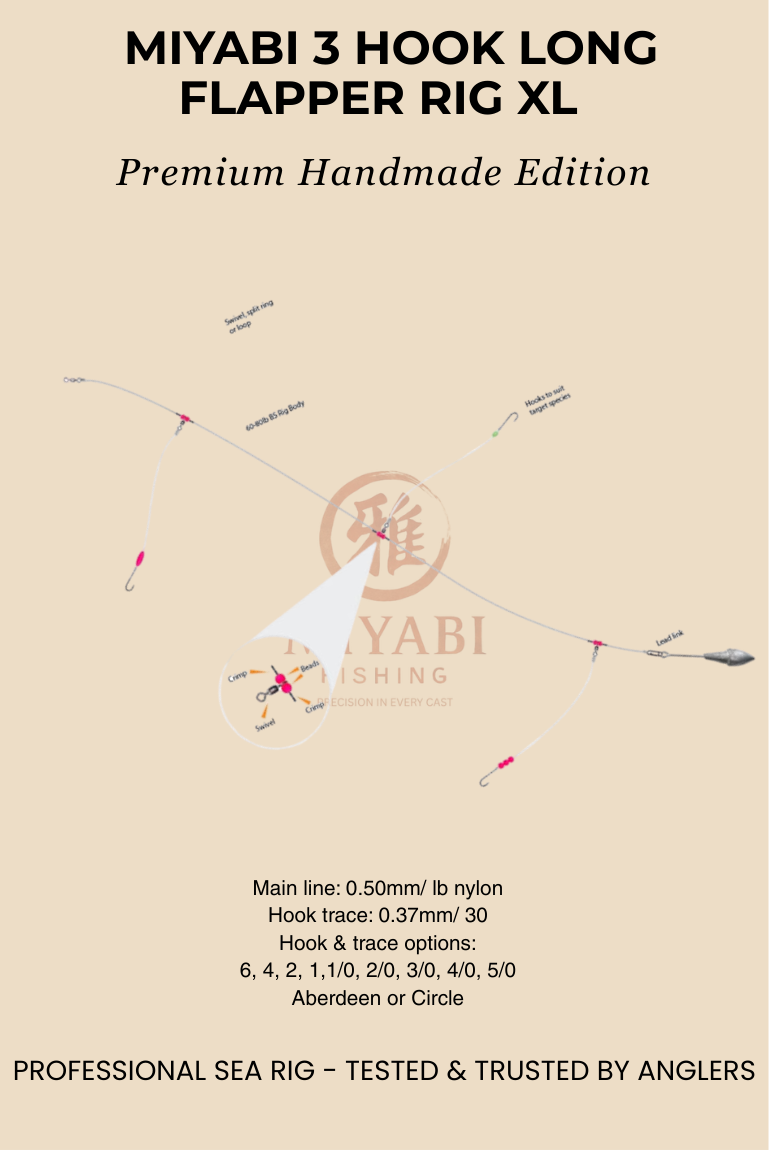 Aparejo de surfcasting MIYABI Precision de 3 anzuelos Long Flapper XL